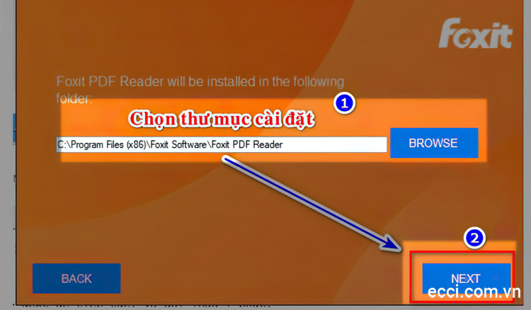 Lựa chọn thư mục cài Foxit Reader và nhấn Next